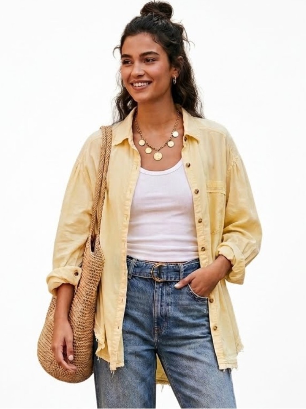 We The Free The Frayed Hem Lightweight Button-Up Shirt Yellow Oversized Medium